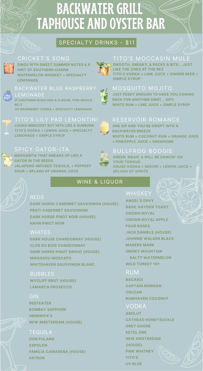 Backwater Grill menu board