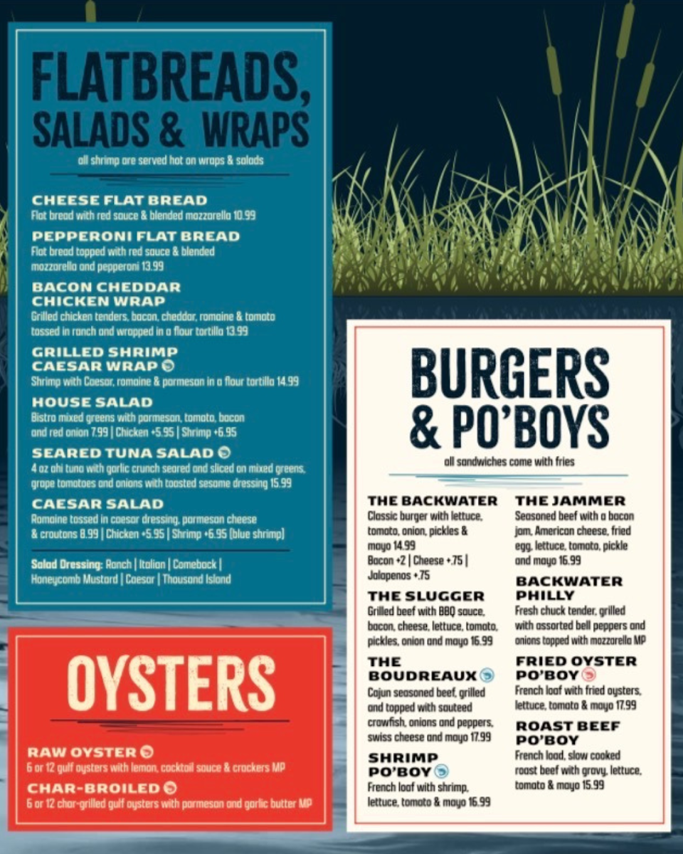 Backwater Grill menu board