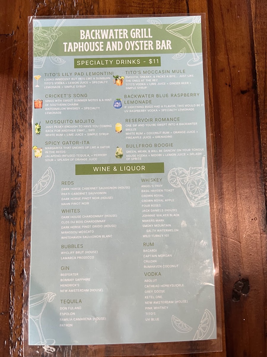 Backwater Grill menu board
