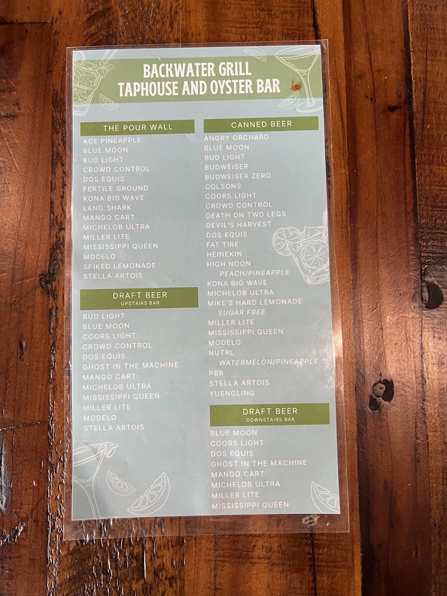 Backwater Grill menu board