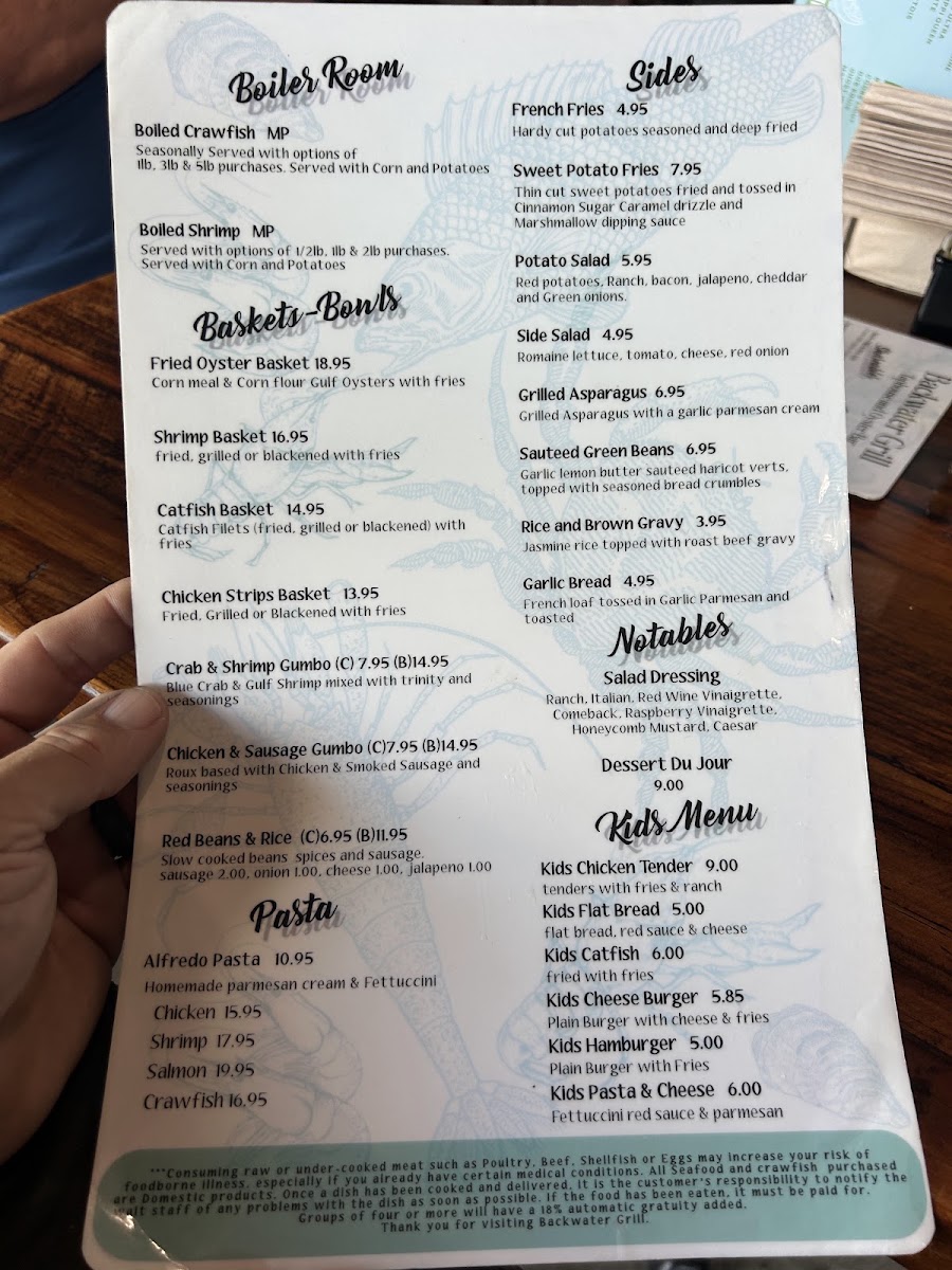 Backwater Grill menu board