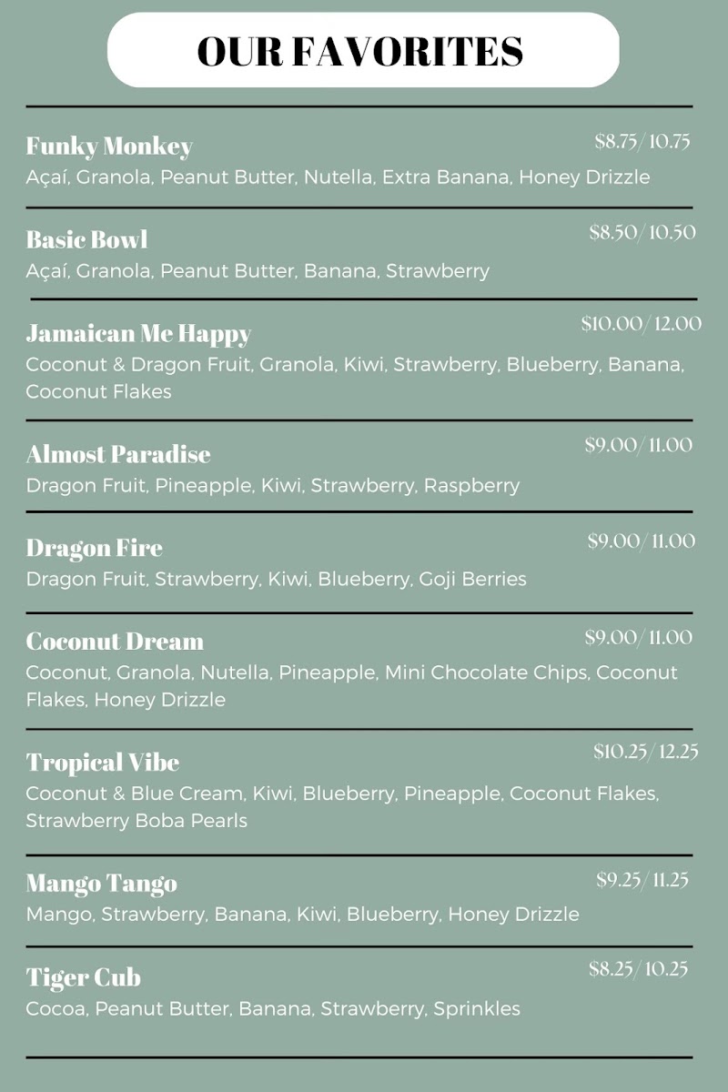 Rise Up Acai Bar menu board