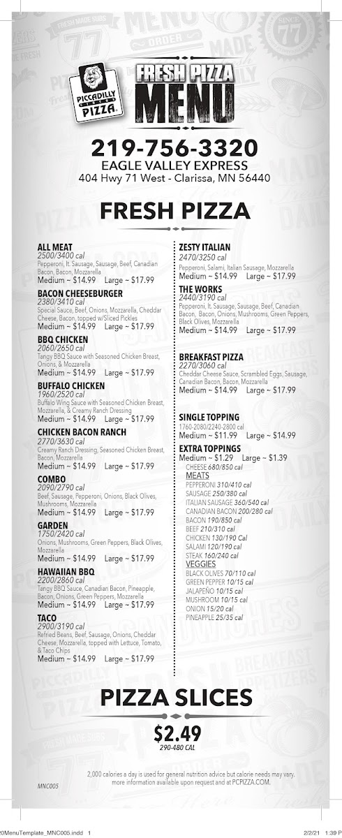 Piccadilly Circus Pizza menu board