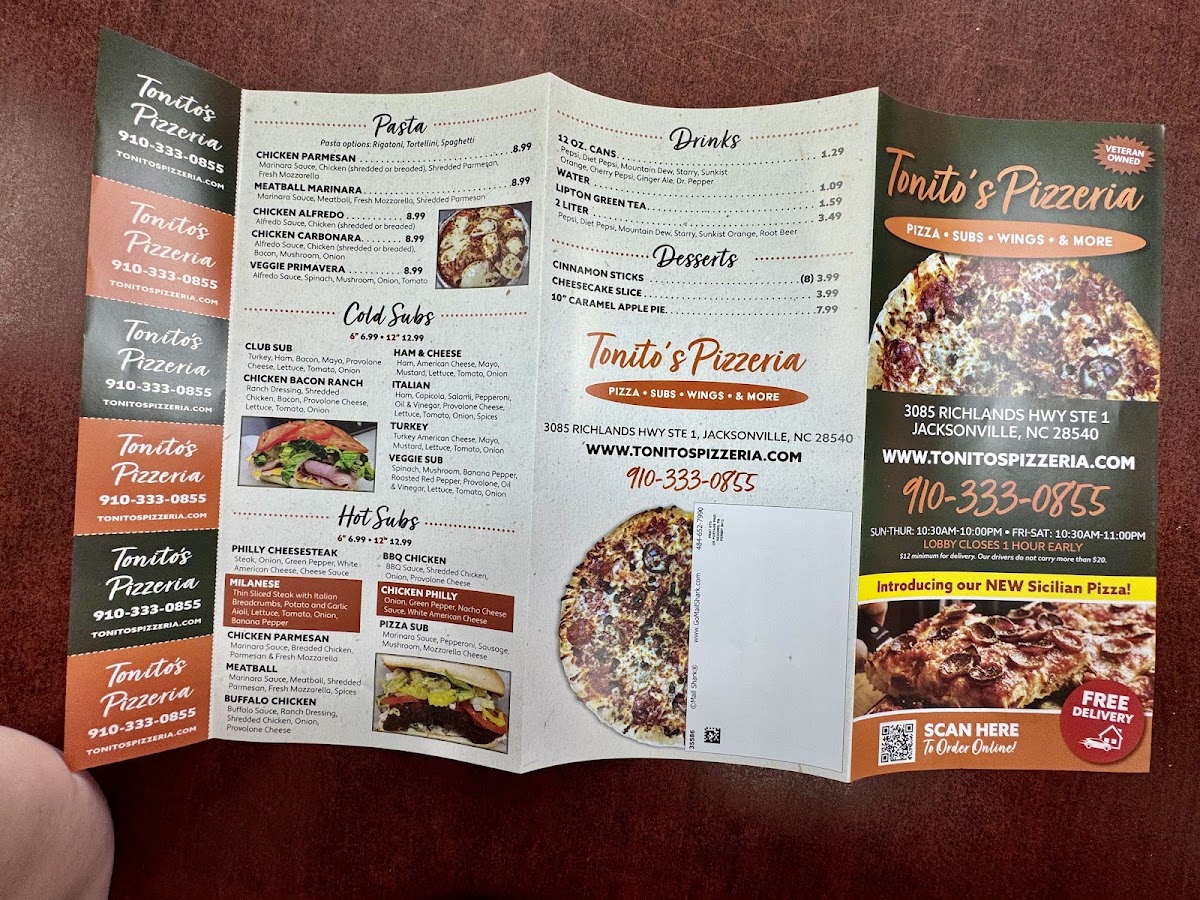 Tonito's Pizzeria menu board