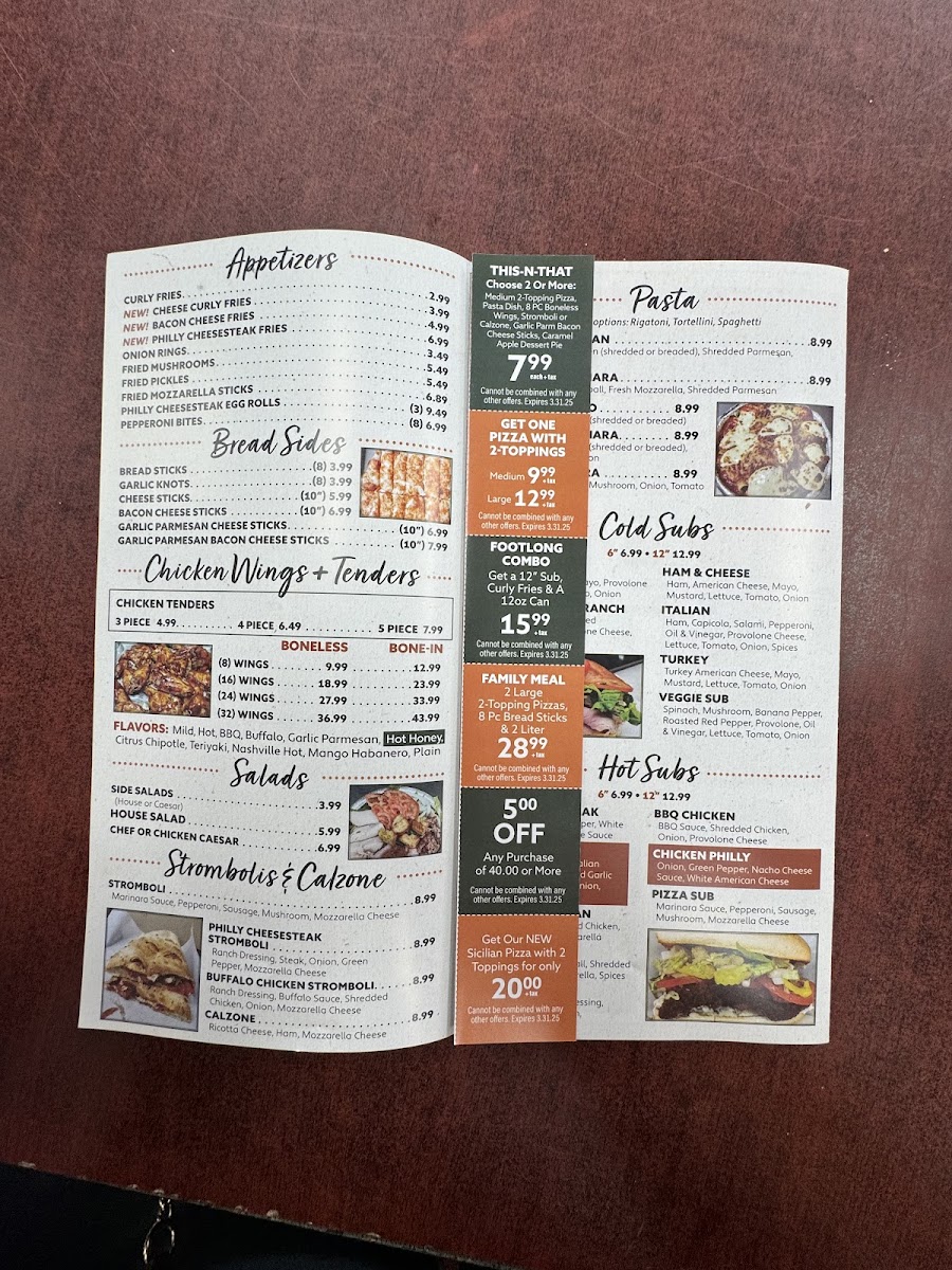 Tonito's Pizzeria menu board