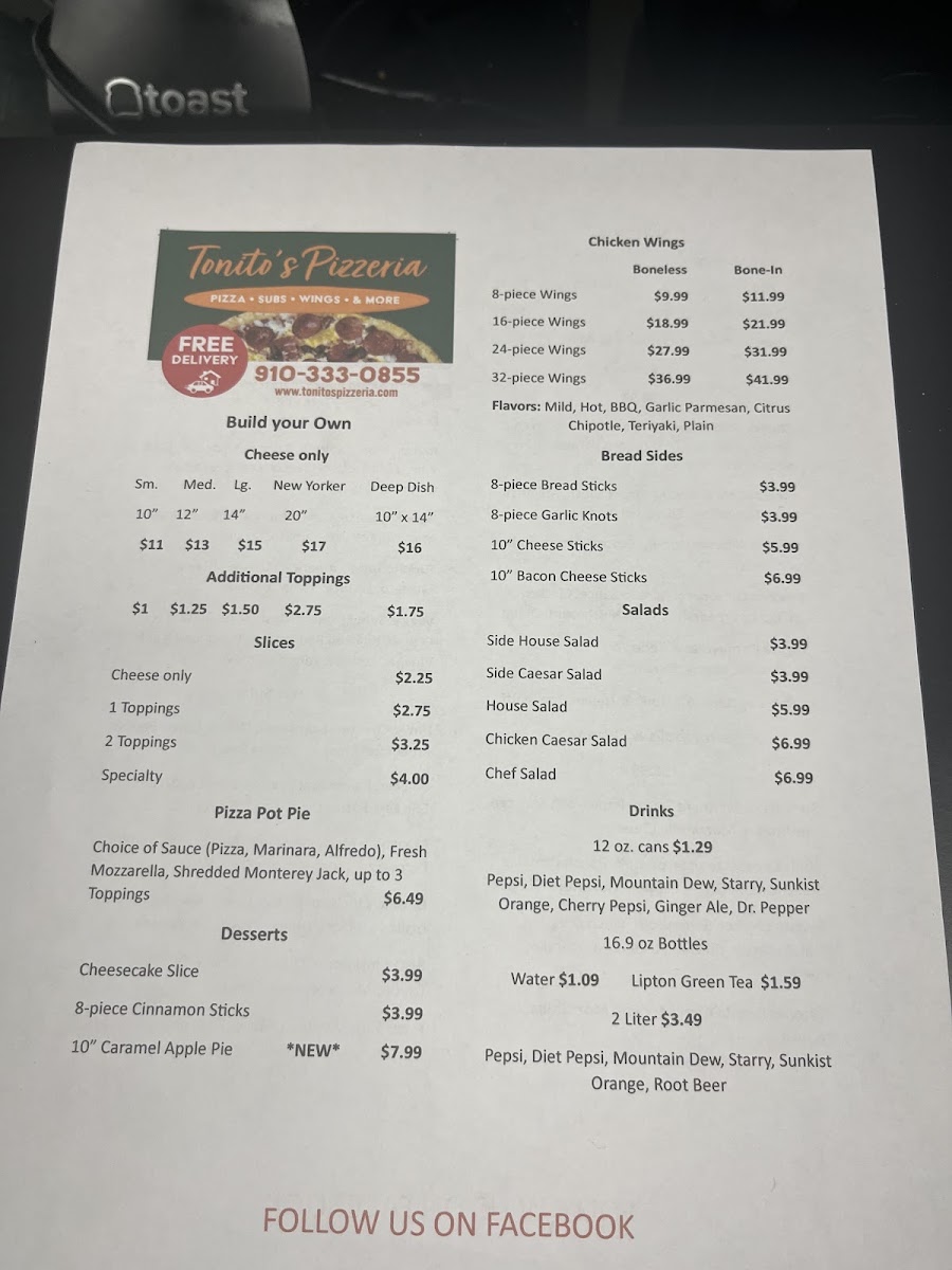 Tonito's Pizzeria menu board