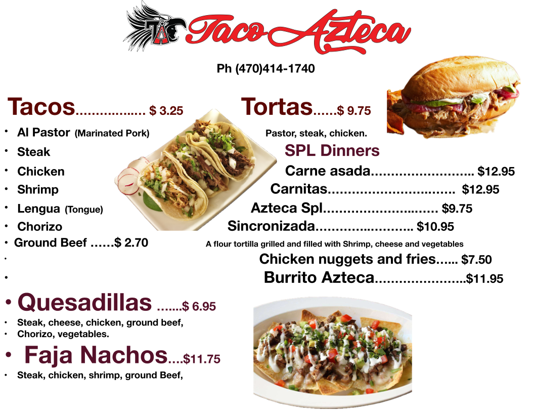 Taco Azteca menu board