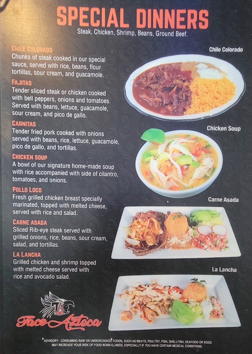 Taco Azteca menu board