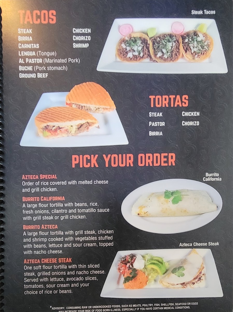 Taco Azteca menu board