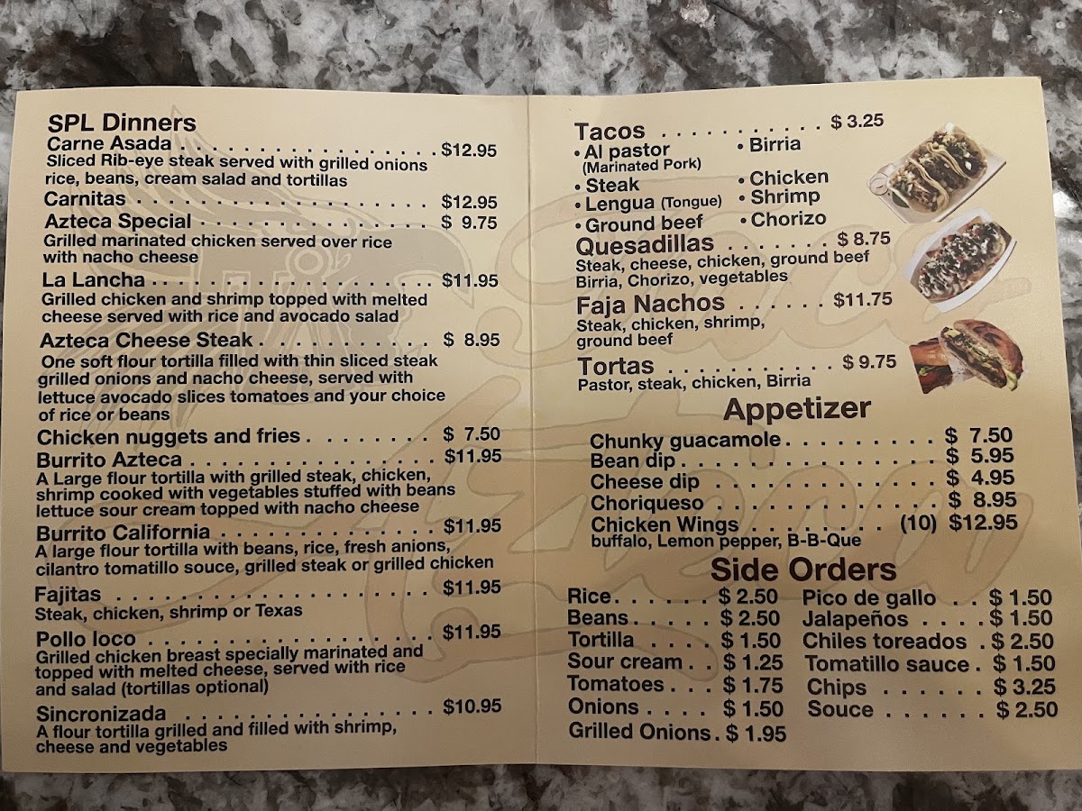 Taco Azteca menu board