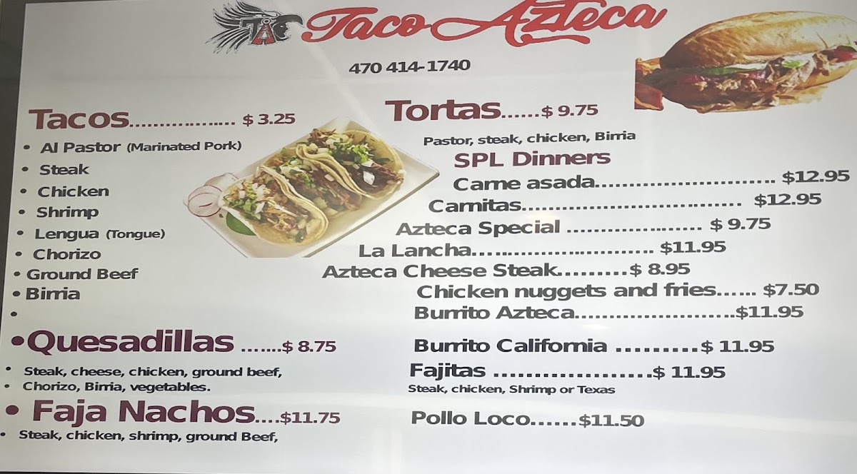 Taco Azteca menu board