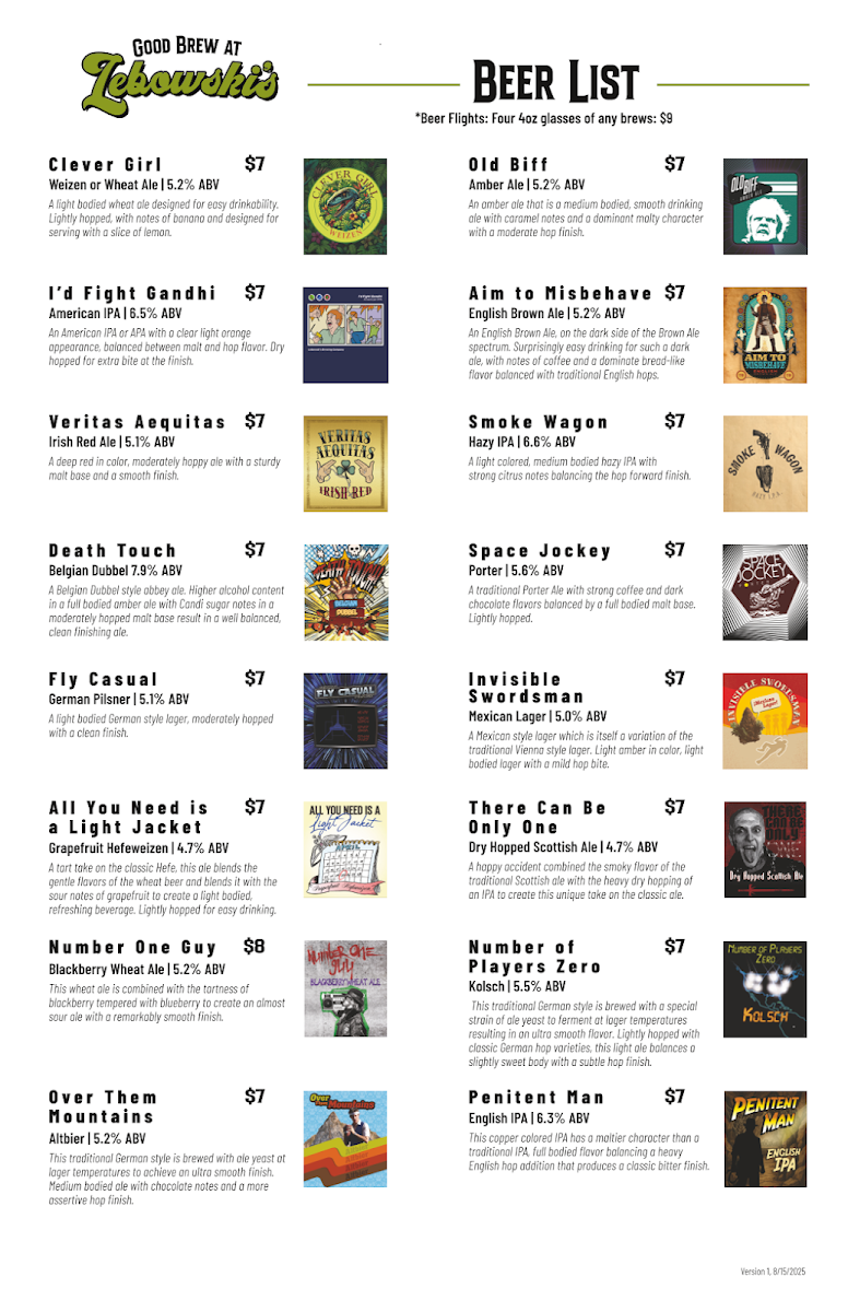 Lebowski’s Brewing Co. menu board