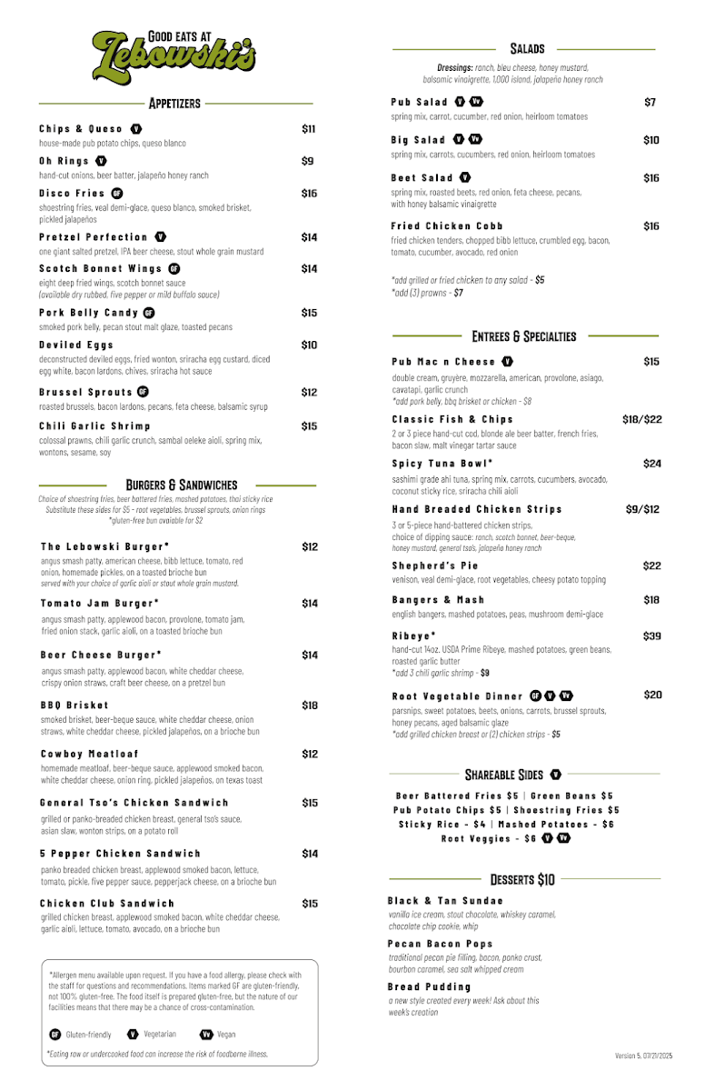 Lebowski’s Brewing Co. menu board