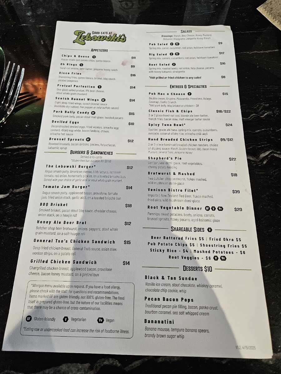 Lebowski’s Brewing Co. menu board