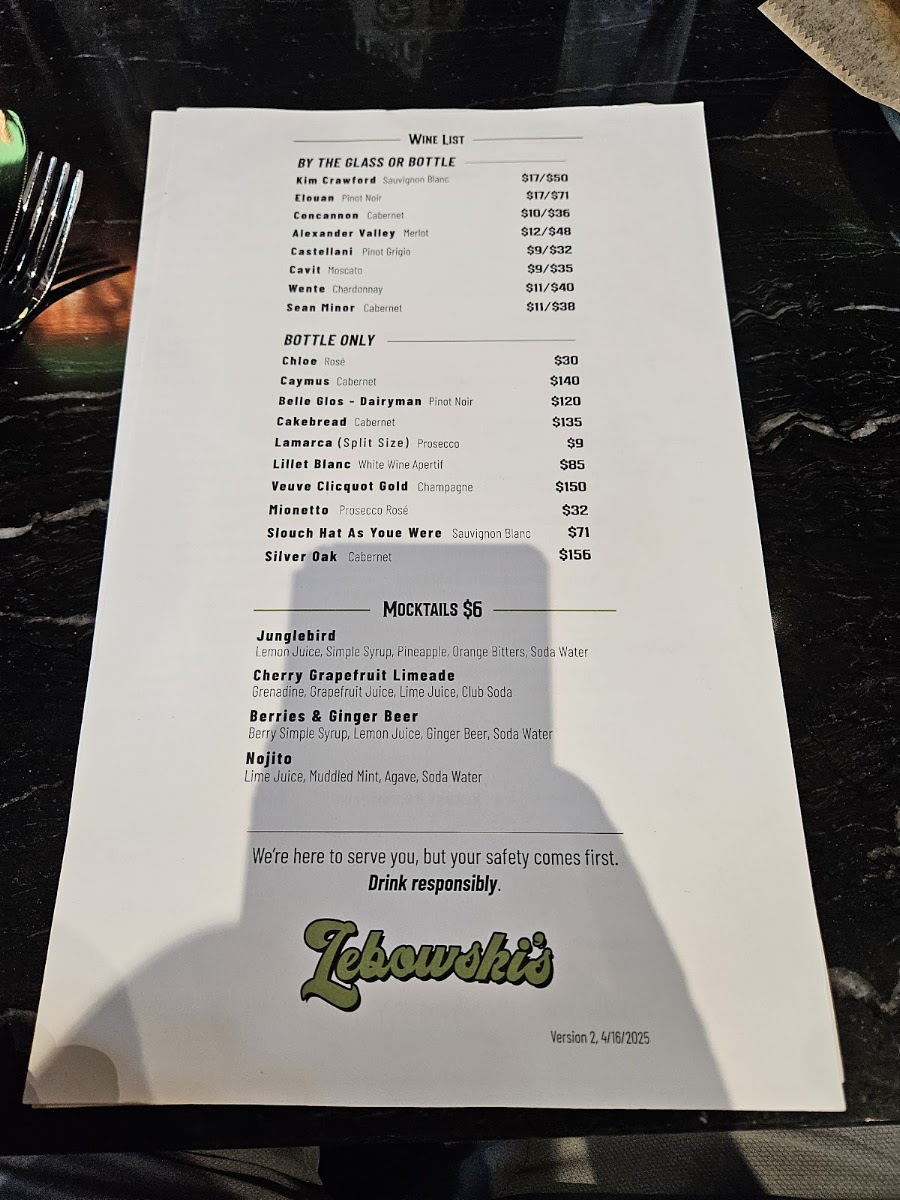 Lebowski’s Brewing Co. menu board
