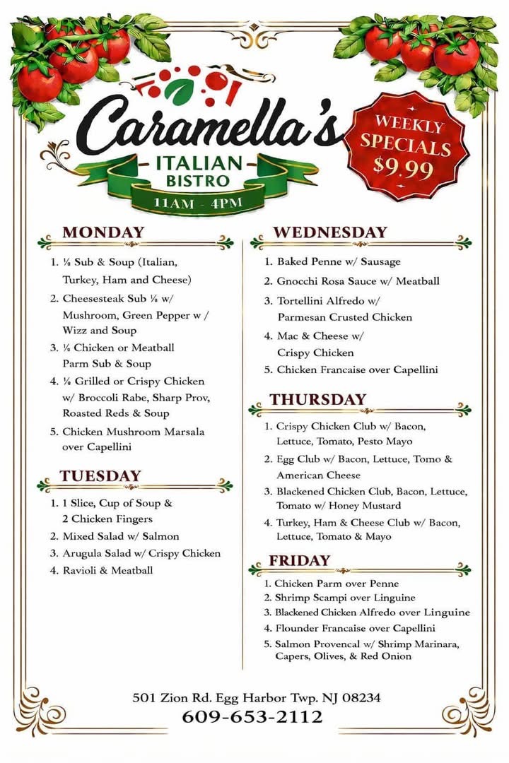 Caramella's Italian Bistro menu board