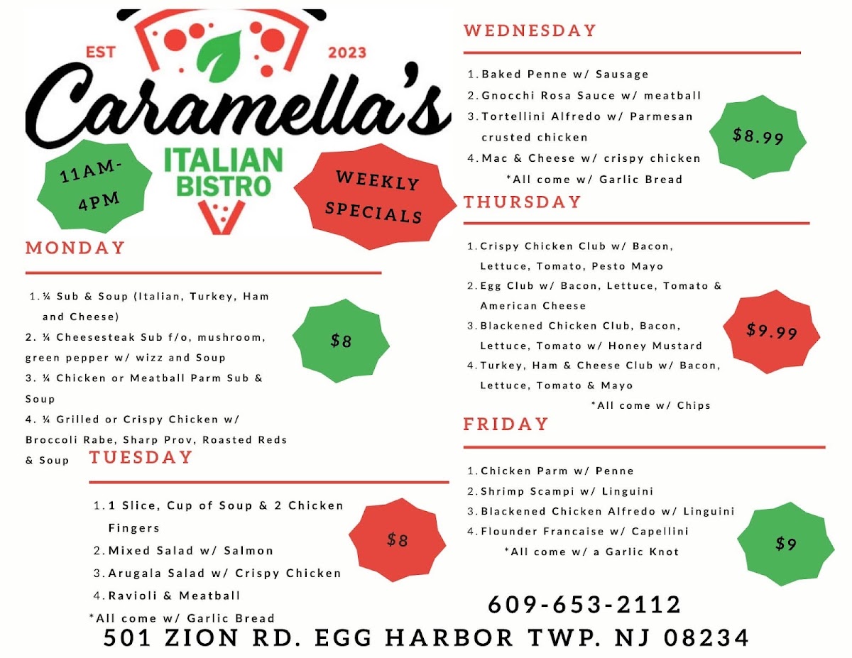 Caramella's Italian Bistro menu board