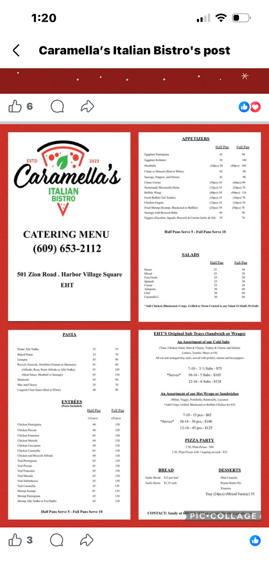 Caramella's Italian Bistro menu board