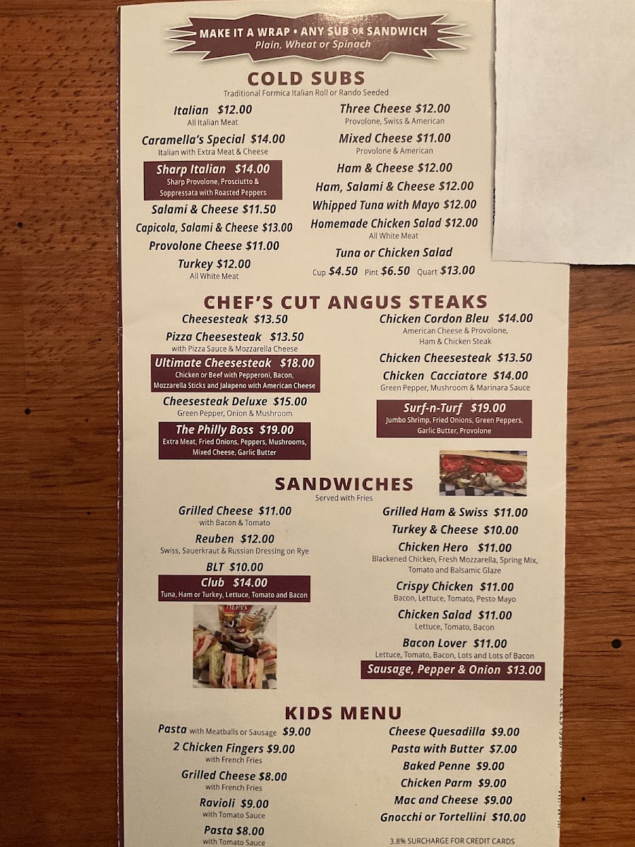 Caramella's Italian Bistro menu board