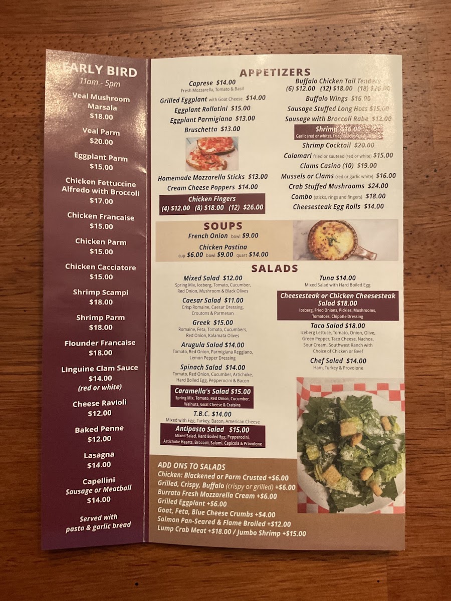 Caramella's Italian Bistro menu board