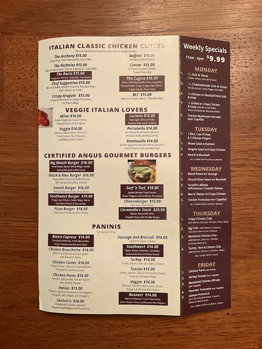 Caramella's Italian Bistro menu board