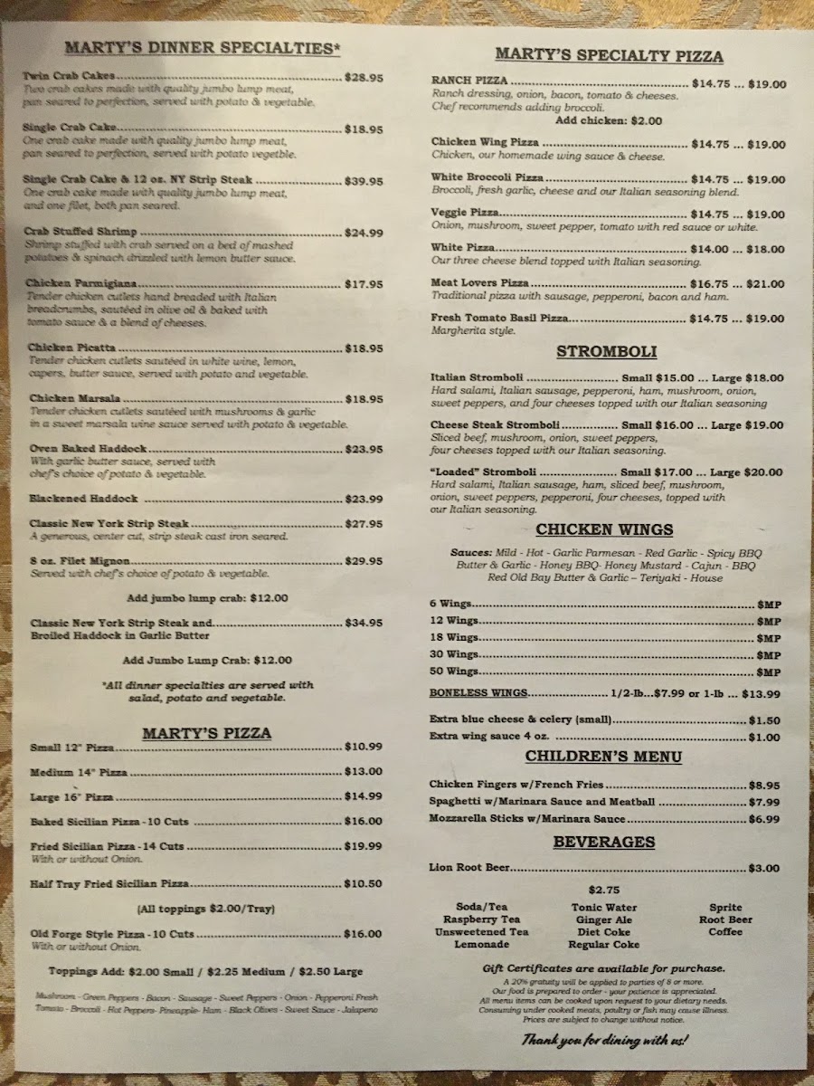 Marty's Pizzeria menu board