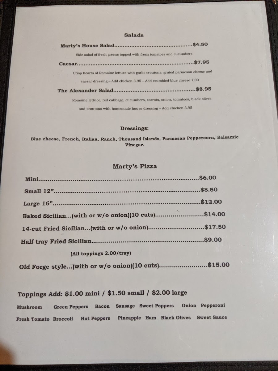 Marty's Pizzeria menu board