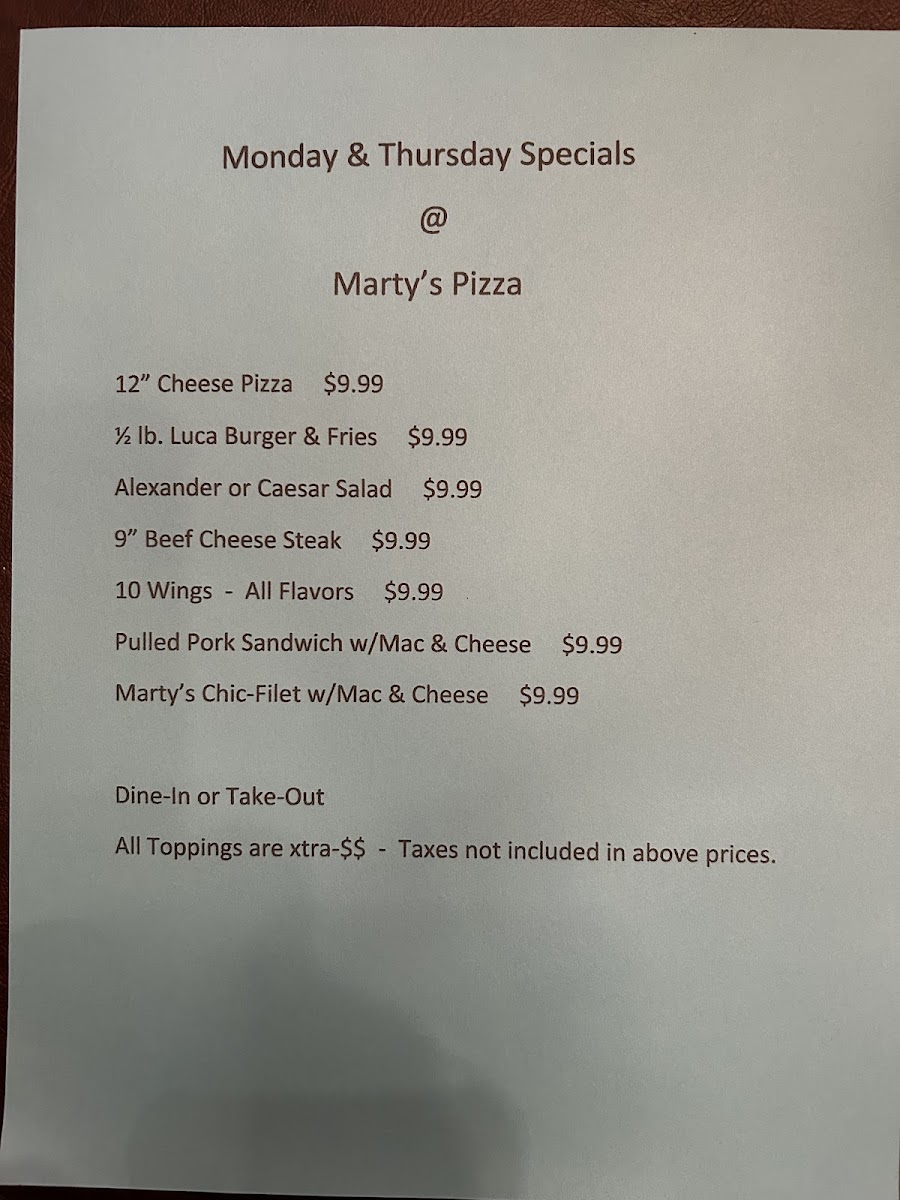 Marty's Pizzeria menu board