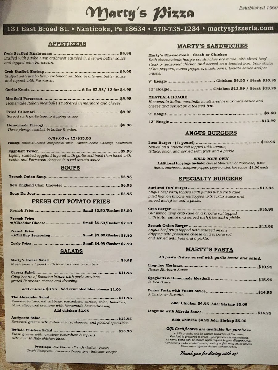 Marty's Pizzeria menu board