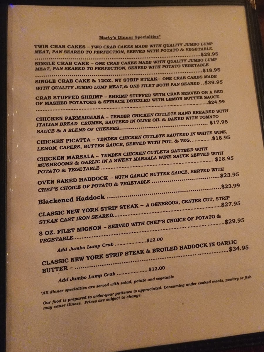 Marty's Pizzeria menu board