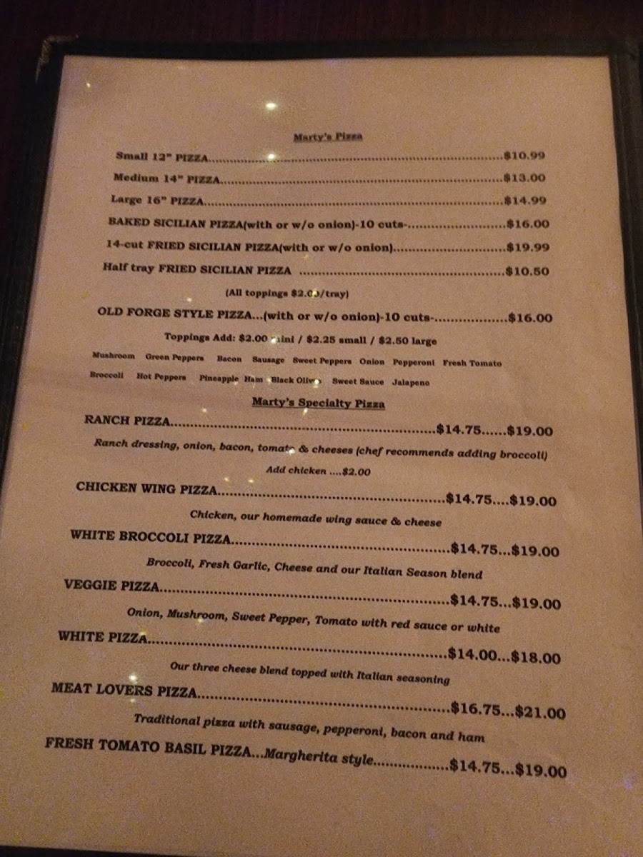 Marty's Pizzeria menu board