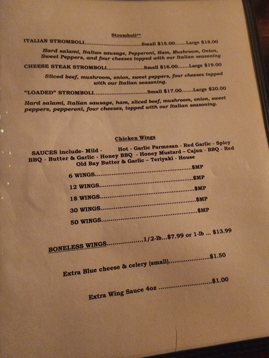 Marty's Pizzeria menu board