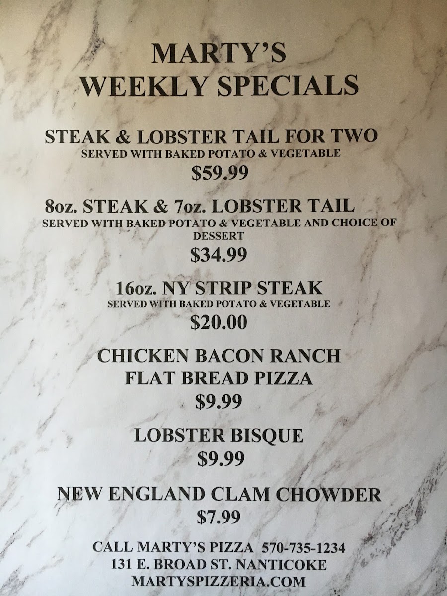 Marty's Pizzeria menu board