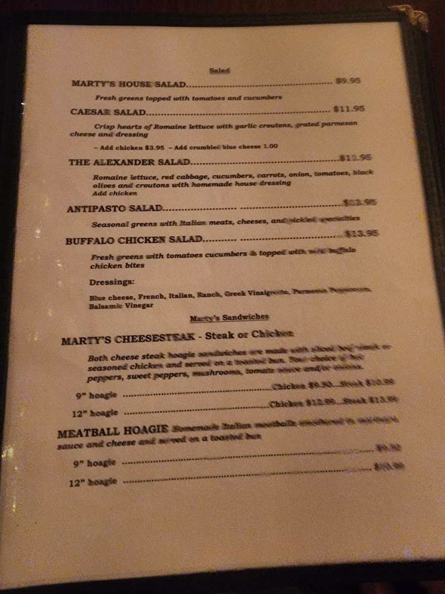 Marty's Pizzeria menu board