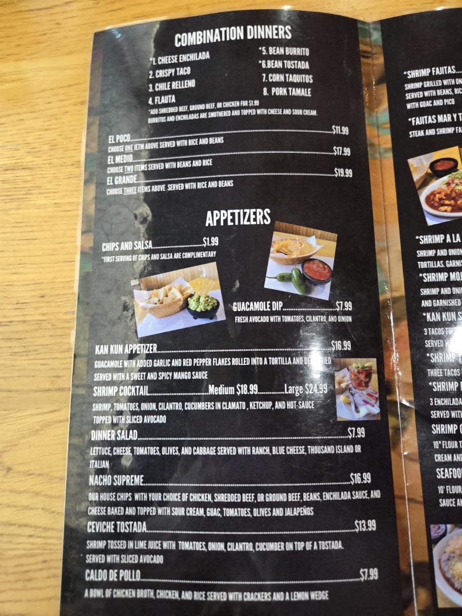 Kan Kun Mexican Restaurant menu board