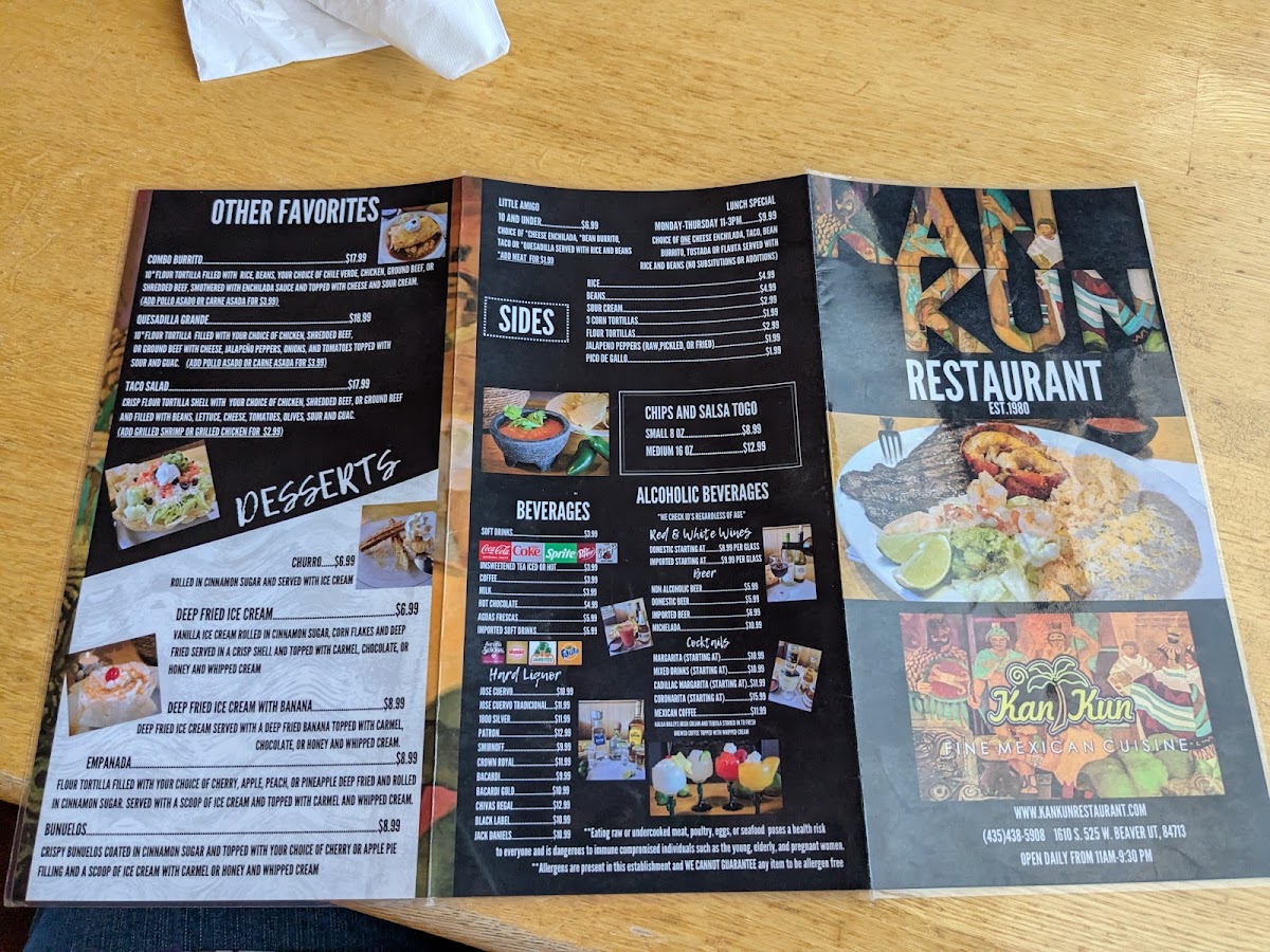 Kan Kun Mexican Restaurant menu board