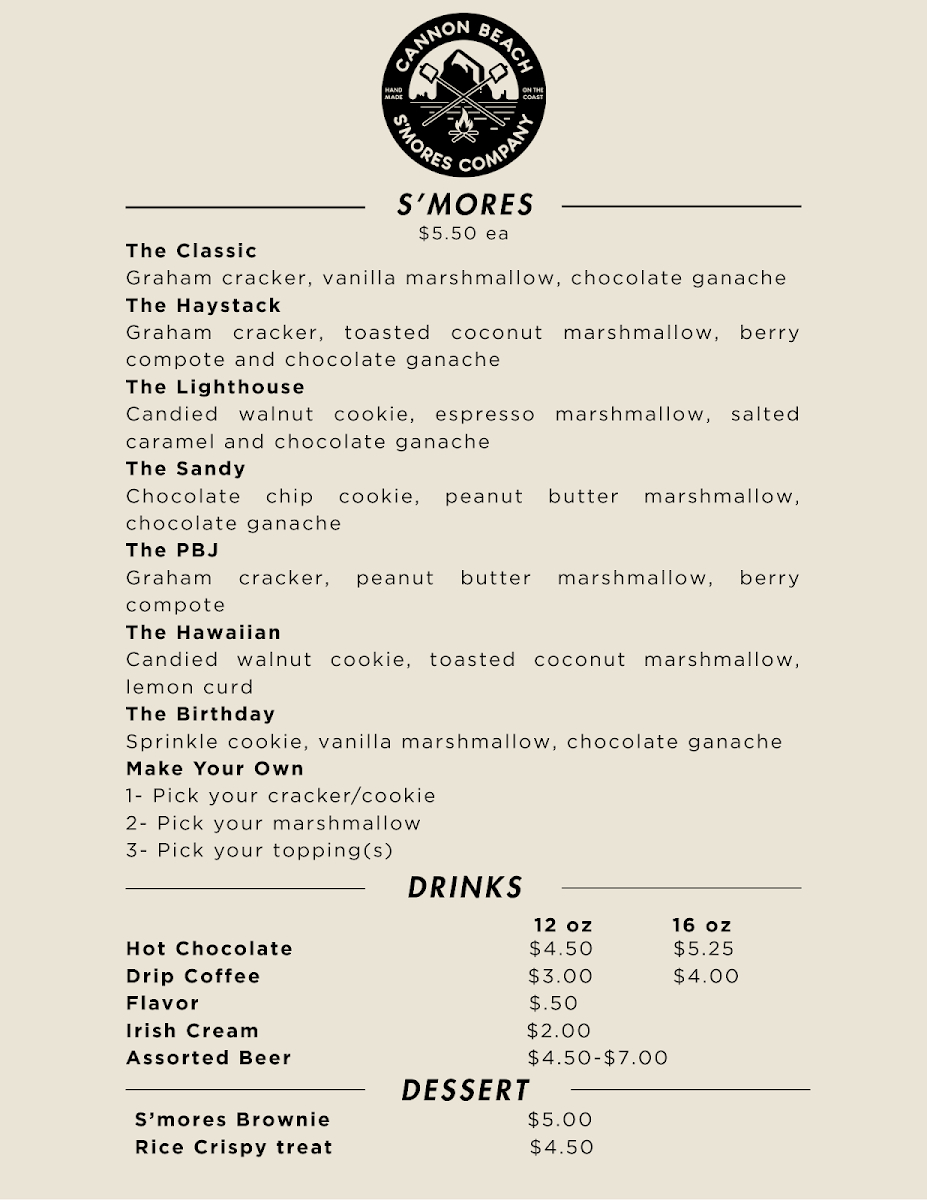 Cannon Beach S'mores Company menu board