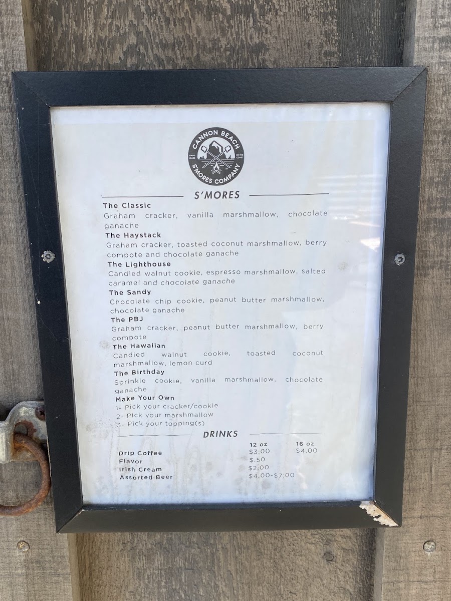 Cannon Beach S'mores Company menu board