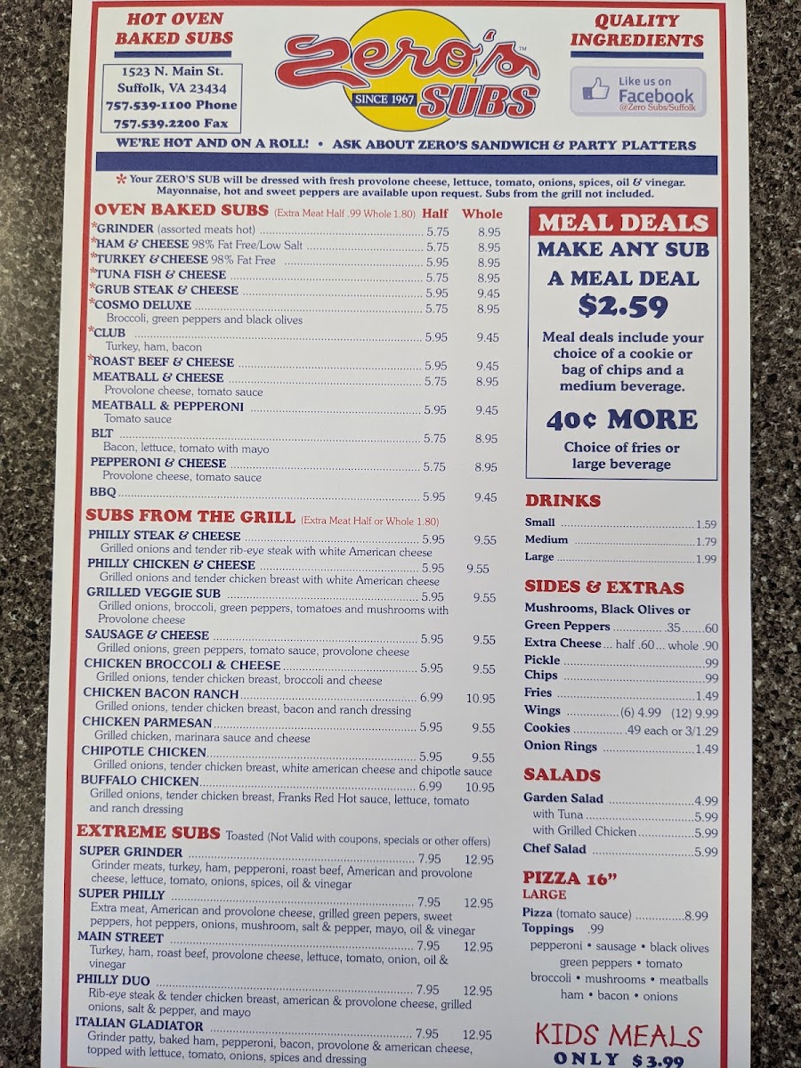 Zero's Subs menu board