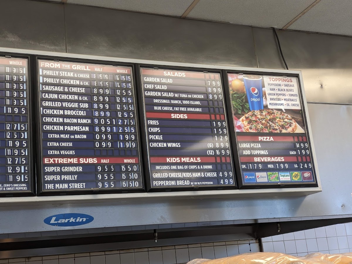 Zero's Subs menu board