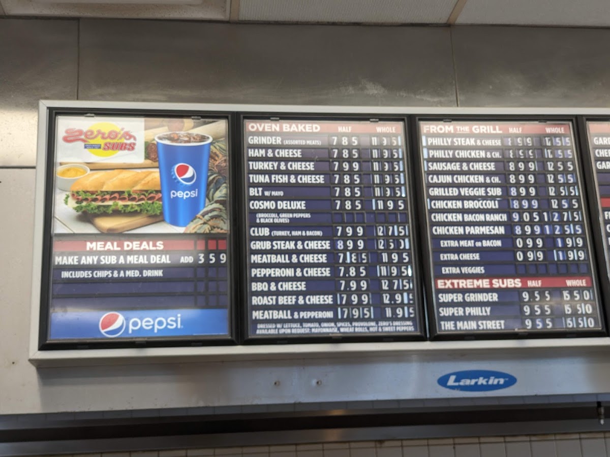 Zero's Subs menu board