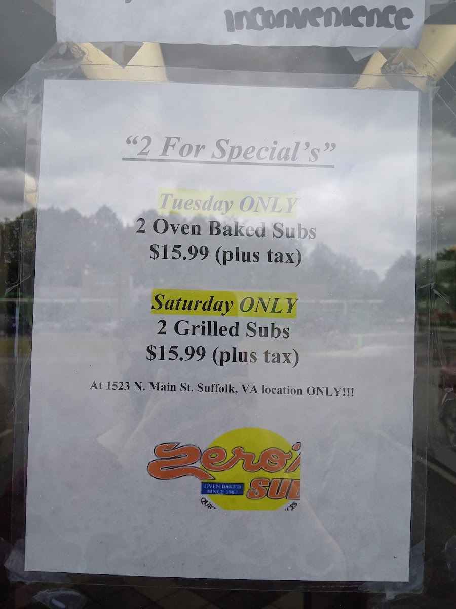 Zero's Subs menu board