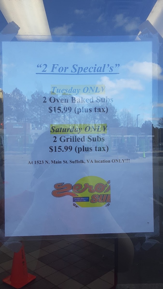 Zero's Subs menu board