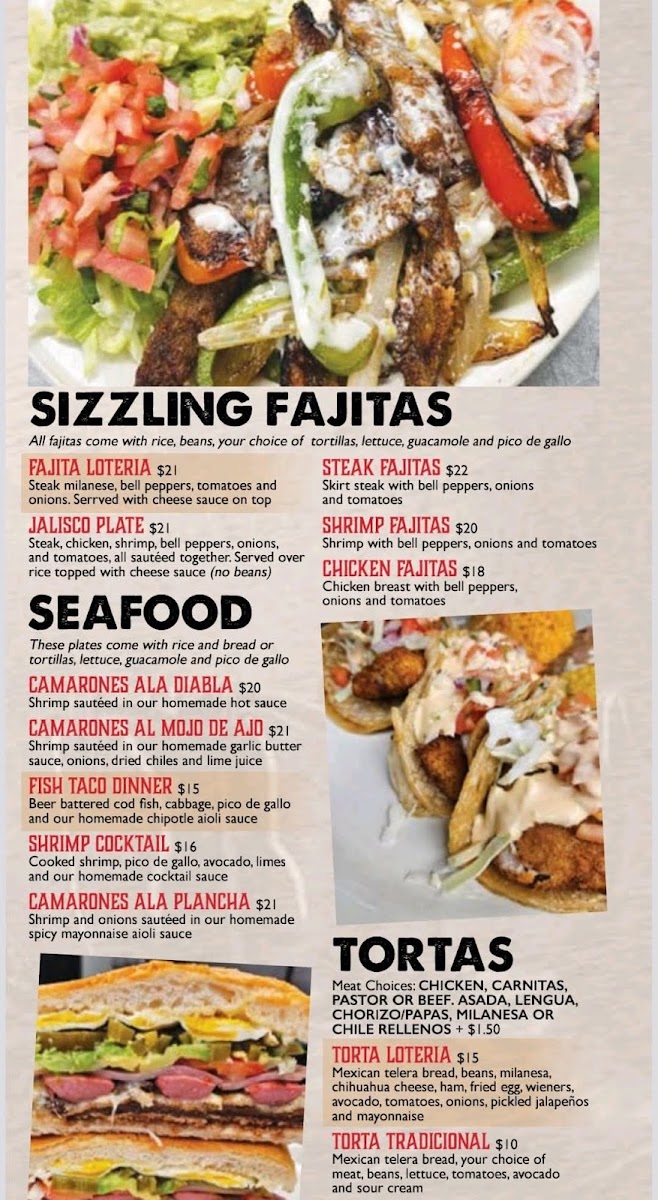 La Loteria Mexican Restaurant bar & grill menu board