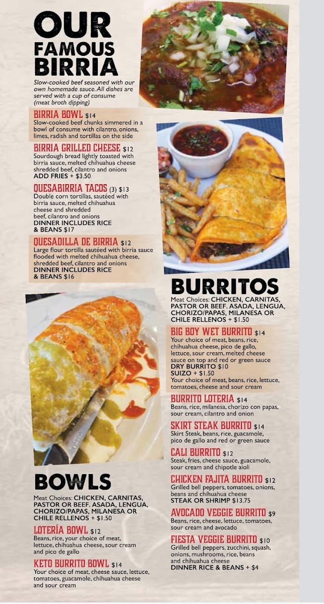 La Loteria Mexican Restaurant bar & grill menu board
