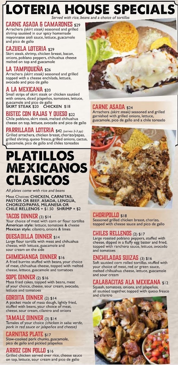 La Loteria Mexican Restaurant bar & grill menu board