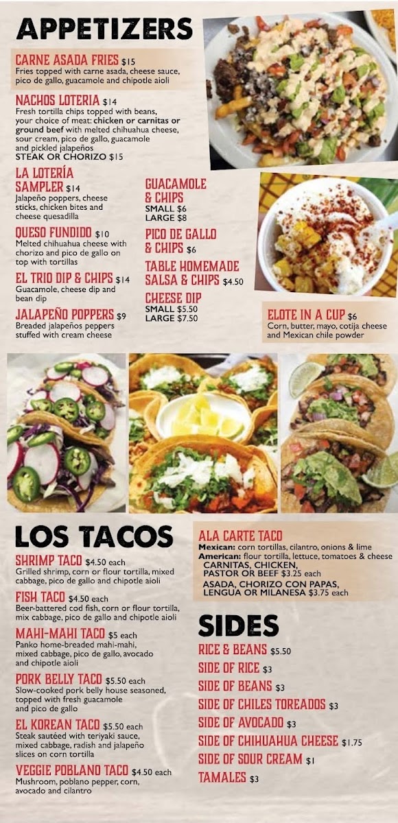 La Loteria Mexican Restaurant bar & grill menu board