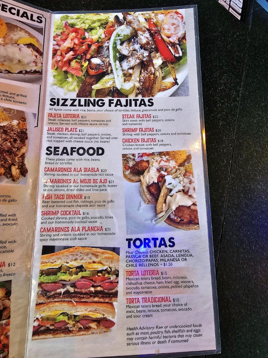 La Loteria Mexican Restaurant bar & grill menu board