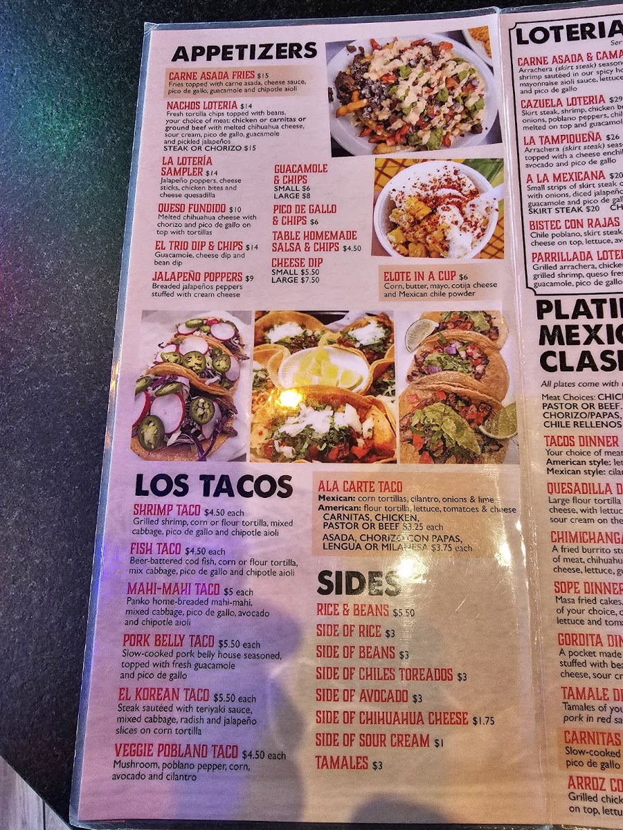 La Loteria Mexican Restaurant bar & grill menu board