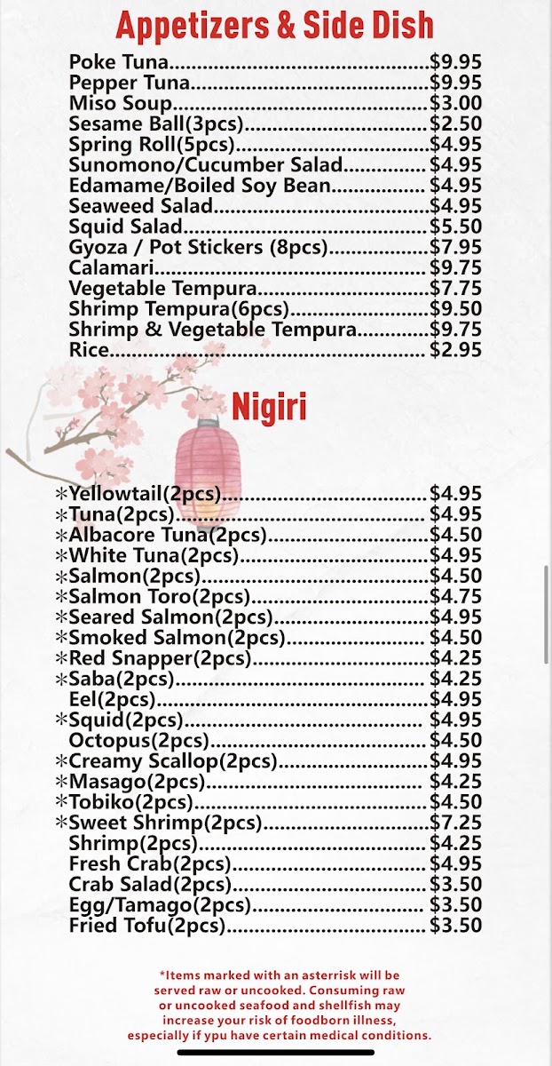 Ye Sushi menu board